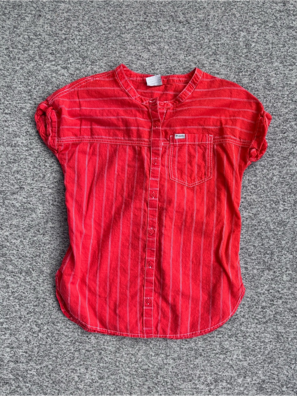 Columbia Red Orange Cuffed Sleeve Striped Button Front  Shirt